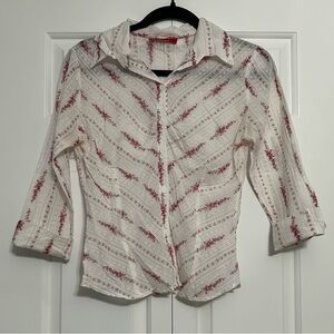 Vintsge 90s Lipsy White and Pink Floral & Eyelet Button Down Shirt